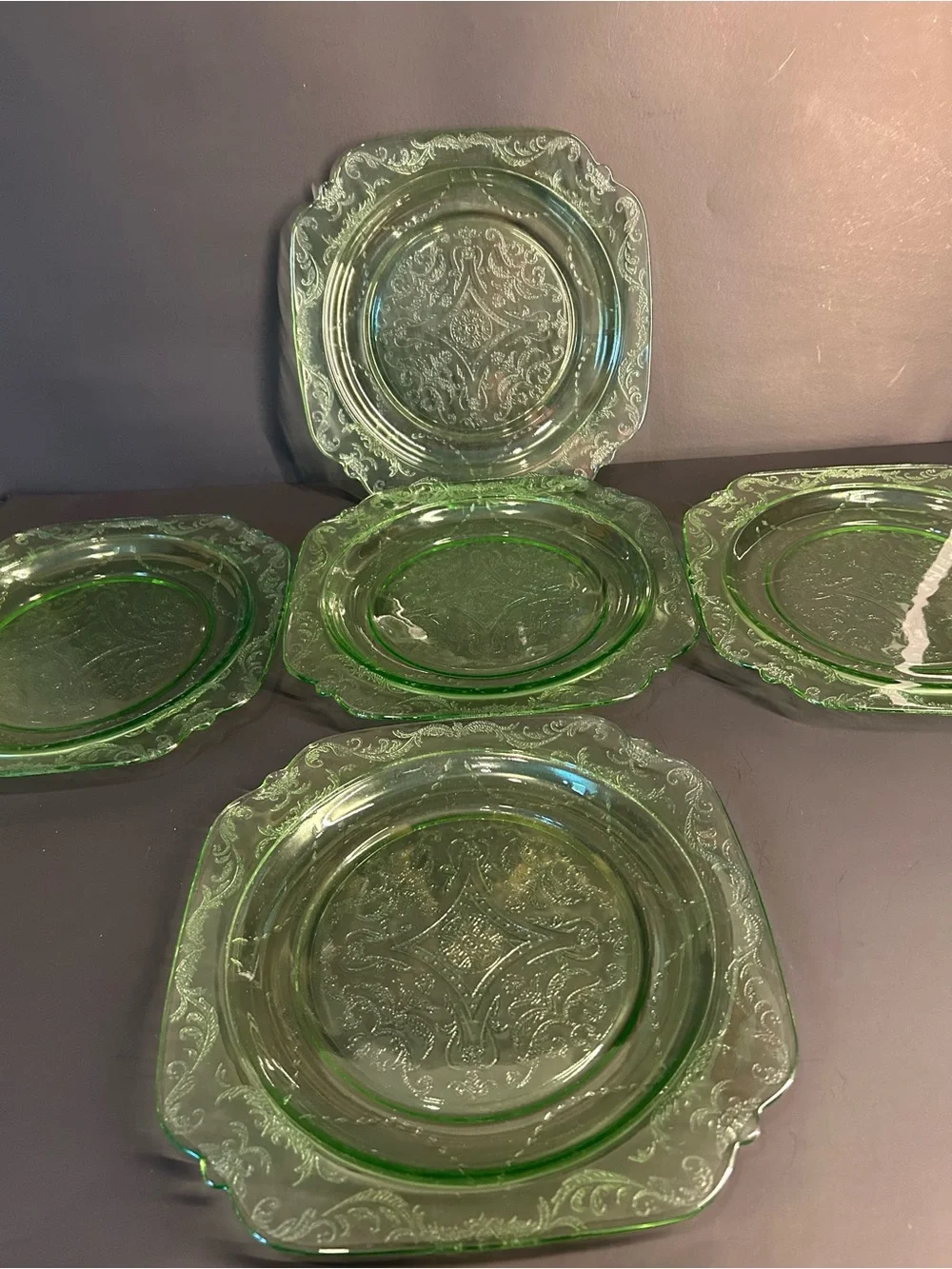 Federal Glass Uranium Depression Glass Plates 9” Set Of 5
